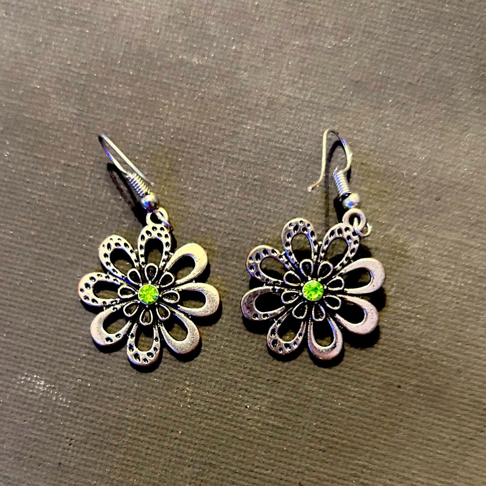 1.75 inch Silvertone & Green Rhinestone Flower Drop Earrings